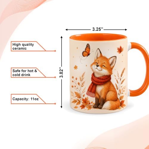 Hyturtle Fall Fox Coffee Mug And Keychain - Cute Fox Gift For Women - Autumn Animals For Lovers - Maple Leaf Animals Present For Her - Thanksgiving Decor - Coffee Cup Ceramic Mug 11 Oz
