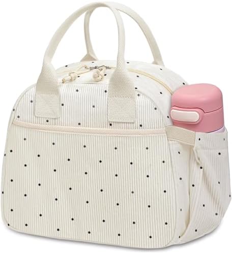 Carry bloom Lunch Box for Women, Insulated Lunch Bag Cute Corduroy Lunchbag Reusable Lunchbox for Work (beige polka dots)