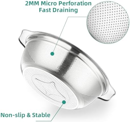Colander for Kitchen Microporous, 5QT Strainer with Mixing Bowl Large Capacity, Stainless Steel Colander with Handle for Washing Vegetables, Fruit, Rice and Draining Cooked Pasta(2PC)