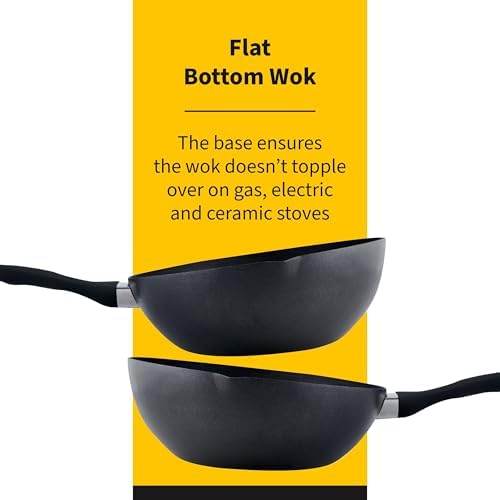 Ken Hom Stir Fry Wok 12" Aluminum Nonstick Pan with Soft Touch Handle and Flat Bottom, Black