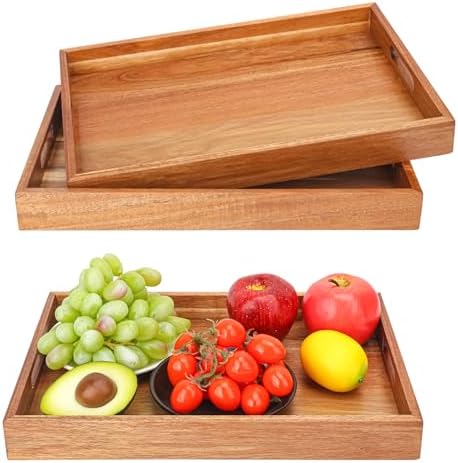3 PCS Acacia Wood Serving Tray with Handles - 15 x 10 Inch Elegant Rectangle Wooden Tray for Food, Decorative Snack Tray, Breakfast and Kitchen Tray, Ideal Wooden Serving Platter for Homes
