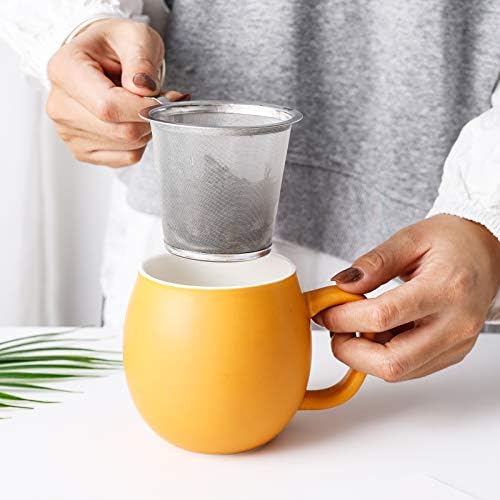 Yundu 12 OZ Matte Yellow Ceramics Teacup with Infuser and Lid, Mug with Lid for Steeping - Stainless Steel Infuser for Loose Leaf Tea, Home Office Gift for Tea Lovers