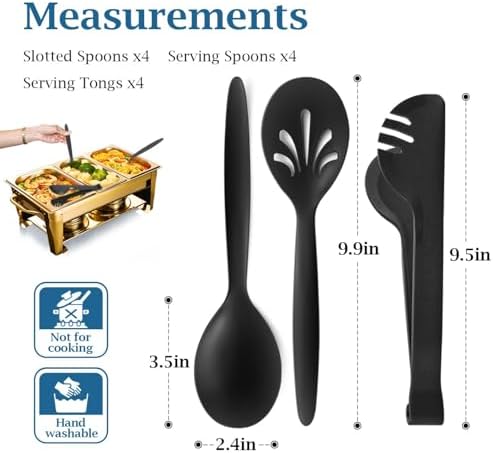 Reusable Plastic Serving Utensils Set of 12, Wheat straw Large Serving set 10" Serving Spoons/10" Slotted Spoons/9.4" Tongs, for Party Buffet Catering (Black, Not for Cooking)