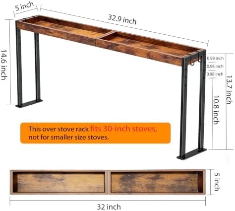 Spice Rack Shelf for 30-inch Kitchen Stove, Over the Stove Shelf with 4 Level Adjustable Height, Over Stove Spice Rack with 4 hooks, Rustic Brown + Black