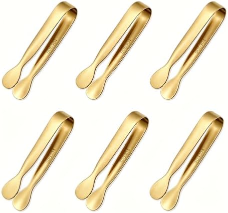 Mini Serving Tongs Set of 6, 4.25 Inch Gold Stainless Steel Small Tongs