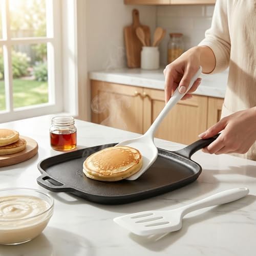 2-Pack Silicone Spatula Set, Heat Resistant Spatulas for Baking & Mixing, BPA-Free Solid & Slotted Turner for Non-Stick Pans, Kitchen Utensils for Scraping, Sauteing and Flipping (Cream)