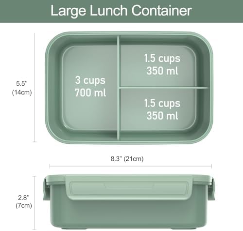 Caperci Classic Bento Box Adult Lunch Box for Older Kids - Leakpoof 47 oz 3-Compartment Lunch Containers for Adults and Teens, Built-in Utensil Set, Ideal for On-the-Go Balanced Eating,Khaki Green