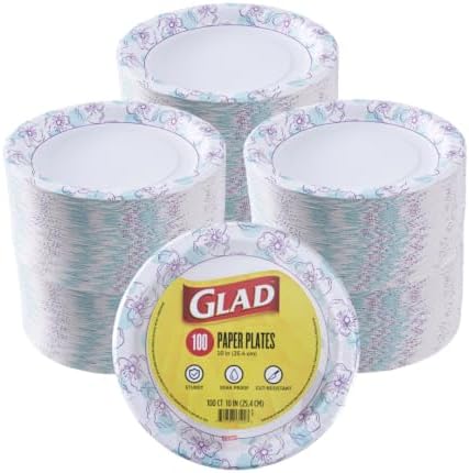 Glad Round Disposable Paper Plates, Blue Flower, 10 Inch 100 Count, 6-Pack