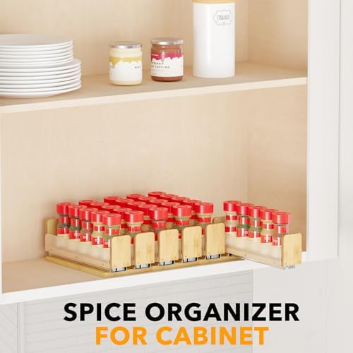 SpaceAid Bamboo Pull Out Spice Rack Organizer for Cabinet, Heavy Duty Slide Out Seasoning Kitchen Pantry Sliding Vertical Organization, 5.1" Wide, 2 Drawers(2" Wide), 1-Tier, Natural
