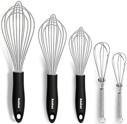 Anaeat Stainless Steel Kitchen Whisk Set of 5, Milk and Egg Beater Blender with Thick Wire for Whisking, Cooking, Baking, Beating and Stirring - 5"+7" Mini Whisk and 9''+11''+12'' Balloon Whisks
