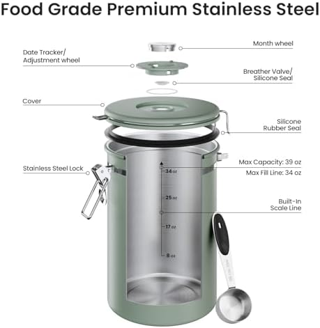 Veken Coffee Canister,39OZ, 2.2lbs,Large Airtight Stainless Steel Container
