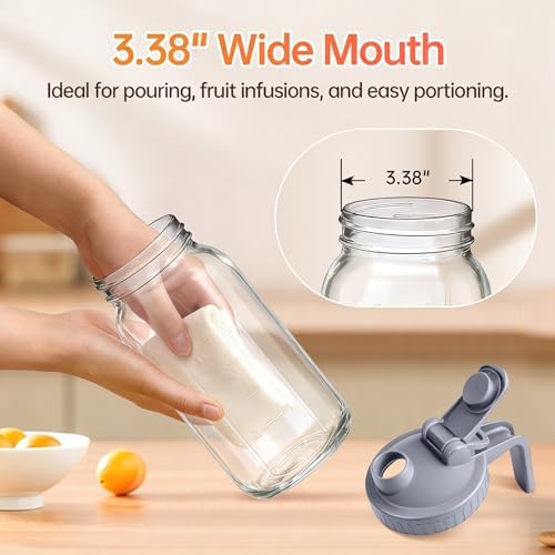 32oz Glass Pitcher with Lid & Spout – 1 Quart Mason Jars, Airtight & Leakproof Breastmilk Pitcher for Cold Brew Coffee, Sun Tea, Water, Juice – Wide Mouth, Fridge Safe