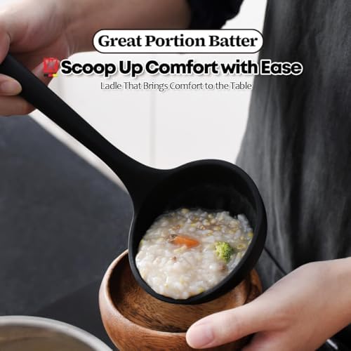 Cooking Ladle: Silicone Kitchen Utensil with Long Wooden Handles, Heat Resistant Cookware, Protects Surfaces with Gentle Head Design, Portion Batter, Professional Chef Wok Soup Ladle