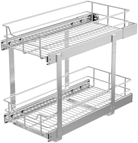 2 Tier Pull Out Cabinet Organizer 11" W X 22" D, Chromed, Full Slide Out
