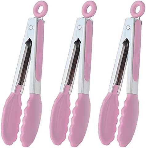 HINMAY Small Serving Tongs with Silicone Tips 7-Inch Mini Tongs, Set of 3 (Pink)