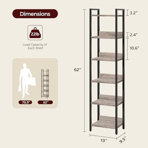 MAHANCRIS Bookshelf, 6-Tier Bookcase, Standing Book Shelf for Small Space, Storage Shelf Organizer, for Living Room, Bedroom, Study, Balcony, Greige and Black BKHG6601