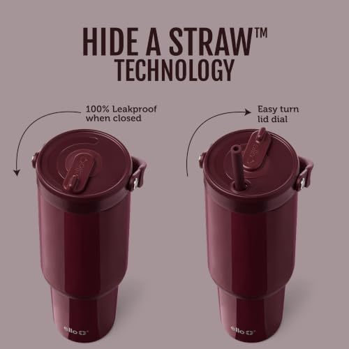 Ello Oasis Go+ 32oz Tumbler with Top Handle and Retracting Straw | Reusable Insulated Stainless Steel Cup, 100% Leakproof Water Bottle, 24 Hours Cold, Cup Holder Friendly For Travel | Red Velvet