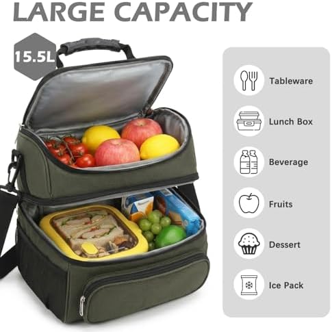FlowFly Double Layer Cooler Insulated Lunch Bag Adult Lunch Box Large Tote Bag for Men, Women, With Adjustable Strap,Front Pocket and Dual Large Mesh Side Pockets