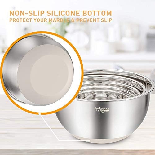 Wildone Mixing Bowls with Airtight Lids Set, 5PCS Stainless Steel Khaki Nesting Bowls for Kitchen, with Grater Attachments & Non-Slip Bottoms, Size 5, 3, 2, 1.5, 0.63 QT, Great for Mixing & Serving