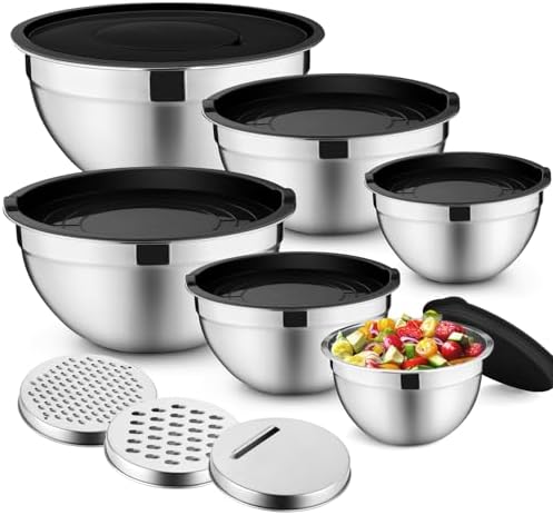 P&P CHEF Mixing Bowls with Lids Set of 6, Nesting Salad Bowl, Black