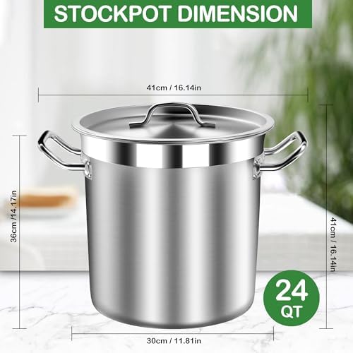 STOCKPOT Stainless Steel 24 Quart Stock Pot with Lid, 3-Ply Base, Soup Pot 6 Gallon, Polished Finish, Suitable for Stovetop and Oven, Dishwasher Safe