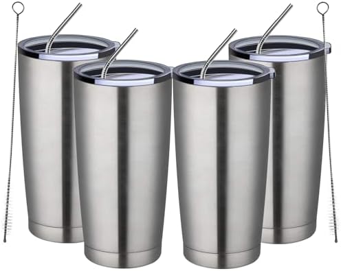 MEWAY 20oz Tumbler 4 Pack Double Wall Vacuum Insulated Travel Mug Bulk, Stainless Steel Tumblers with Lid and Straw, Durable Powder Coated Coffee Cups for Cold & Hot Drinks (Silver, 4)