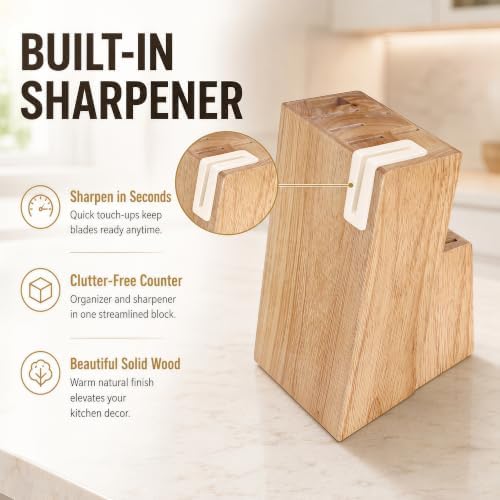 14-Piece Cream Kitchen Knife Block Set with Built-in Sharpener