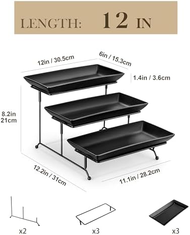 MALACASA 3 Tier Serving Tray, Porcelain Tiered Serving Trays Platters, 12 Inch Serving Stand with Platters,Black Dessert Stand with Collapsible Sturdier Metal Rack,Series PLAT
