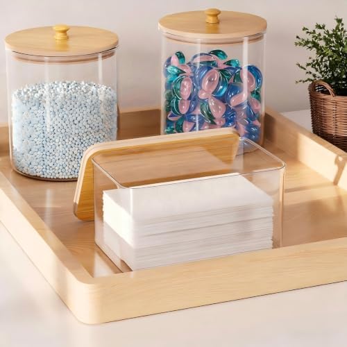 HomePekite Glass Laundry Pods Storage Container, Laundry Room Organization and Storage, Detergent Powder Container, with Wooden Lids & Labels, 2 Pack