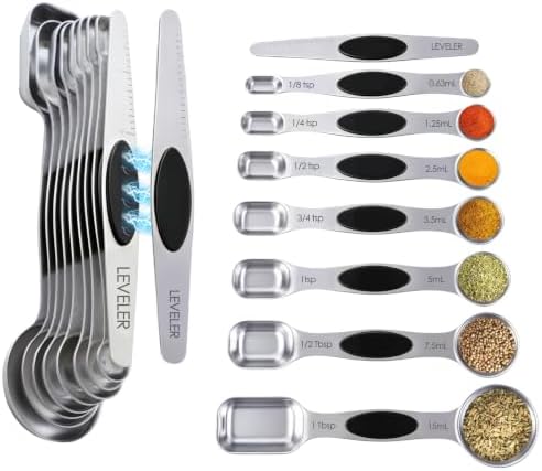 Measuring Spoons,Magnetic Measuring Spoons Set,304 Stainless Steel 7 Double Side Measuring Spoons Set and 1 Leveler with Strong N45 Magnetss,Heavy Duty Metal Kitchen Gadgets for Baking & Cooking