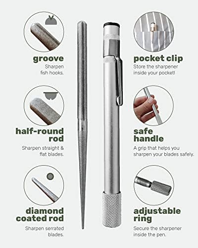 Wamery Serrated Knife Sharpener, Retractable Diamond Rod Pocket (Silver)