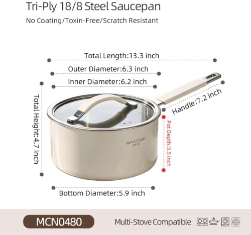 1.5 Quart Tri-Ply Stainless Steel Sauce Pan, Heat Fast Evenly, Detachable Silicone Cover,Cooking Pot for All Cooktops
