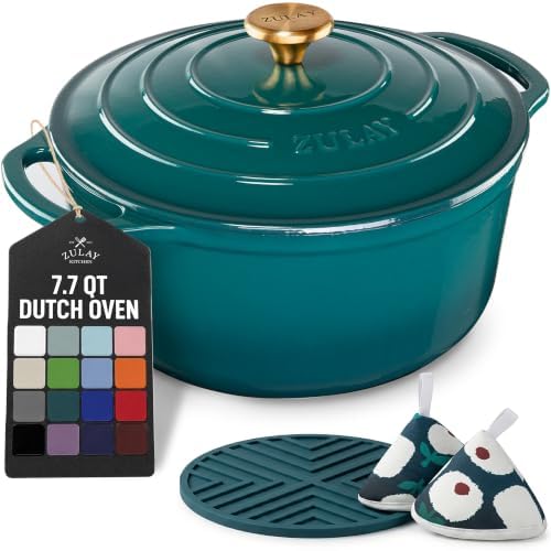Zulay Kitchen 7.7 Quart Enameled Cast Iron Dutch Oven Pot with Lid – Premium Durability & Oven Safe up to 500°F – Heavy Duty Cookware Perfect for Bread Baking, Stews, Braising & Roasting – Emerald