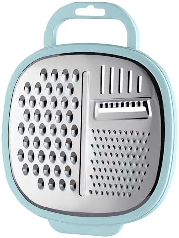 3 in 1 Vegetable Slicer with Storage Box, Stainless Steel Cheese Box Grater, Food Chopper, Wave Cutter, Kitchen Multi-Purpose Grater for Potatoes, Carrots, Zucchini, Onions... (Light Blue)