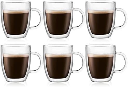 Bodum 10oz Bistro Double Wall Insulated Mug, High-Heat Borosilicate Glass, Set of 6, Clear