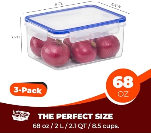 Tribello 68 oz Airtight Food Storage Containers with SnapTight Lids – Clear, Stackable, BPA-Free Meal Prep Containers for Kitchen, Freezer & Pantry – 3-Pack