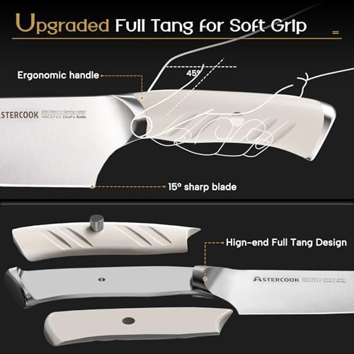 Astercook Knife Set Kitchen with Block and Dual Sharpener Full Tang 15 Pcs German Stainless Steel Knives Dishwasher Safe Utensils Set with Ergonomic Handle, Elegant White