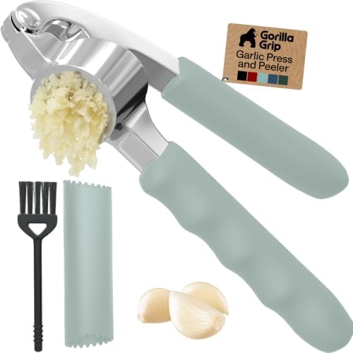 GORILLA GRIP Garlic Peeler and Press Set, Heavy Duty Mincer, Mint