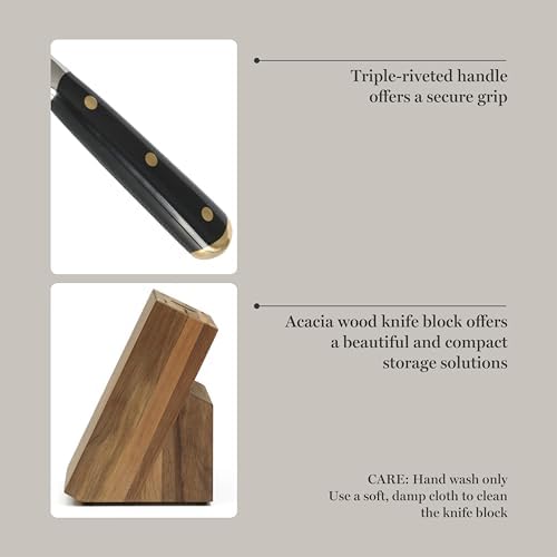 Martha Stewart 16-Piece Lockton High Carbon Stainless Steel Knife Block Set - Forged Full Tang Chef Knives, Acacia Wood Block, Triple Riveted Handles, Black & Gold