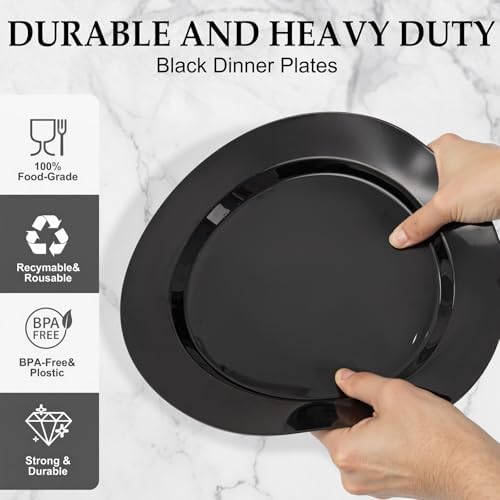 FLOWERCAT 200PCS Black Plastic Disposable Plates for Party - 10 "&7" Black Plastic Plates - Serve for 100 Guests for Summer Party & Birthday & Wedding&Halloween
