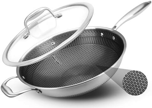 NutriChef 12" Stainless Steel Wok - Induction ready, Non Stick Tri-ply technology, Scratch-resistant Honeycomb Fire Textured Pattern