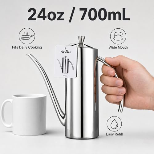 KSENDALO Premium Stainless Steel Olive Oil Dispenser (24oz/700mL) - Leakproof Kitchen Cruet & Olive Oil Bottle with Ergonomic ONE-Piece Body, Long Narrow Spout for Precision Pouring & Arc Handle