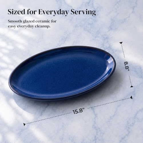 DOWAN Large Serving Platters Set of 2, 16 Inch Oval Serving Tray for Food Meat, Ceramic Serving Dishes for Dinner, Parties & Entertaining, Oven & Dishwasher Safe Platter, Navy Blue