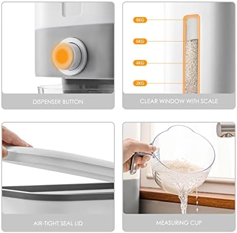 Proarea Rice Dispenser 25 Lbs, Airtight Grain Rice Storage Container with Measuring Cup, One-Touch Dry Food Dispenser for Kitchen Pantry, Clear Scale Window, Graphite Gray