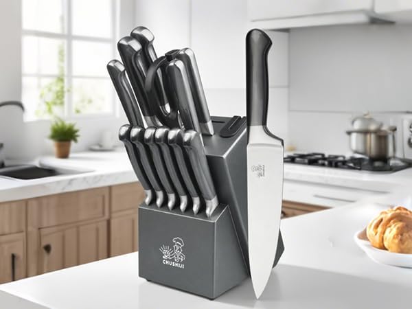 15-Piece Kitchen Knife Set with Block, Ultra-Sharp Full-Tang Stainless Steel Knives, Built-in Sharpener, Dishwasher Safe, Non-Slip Ergonomic Handle, Modern Gray, Gift Box