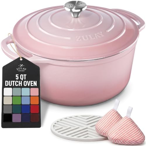 Zulay Kitchen 5 Quart Enameled Cast Iron Dutch Oven Pot with Lid – Premium Durability & Oven Safe up to 500°F – Heavy Duty Cookware Perfect for Bread Baking, Stews, Braising & Roasting – Pink