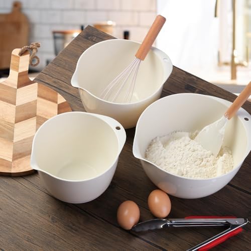 3 Small Plastic Mixing Bowls with Pour Spout,Lids and TPR Non-Slip Bottom,Nesting Batter Bowl Set for Kitchen Prep,Baking,Storage,BPA Free,Easy to Grip,1.5Qt,2Qt,3Qt,White