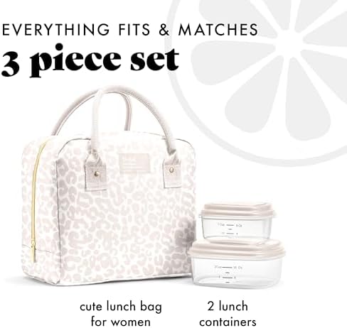 Fit & Fresh Bloomington Lunch Bag for Women - Insulated Large Lunch Box for Work with Containers, Leak-Resistant, Stain-Resistant, Zipper Closure, Feline Fine Ivory