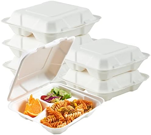 ECOLipak 50 Pack Compostable Take Out Food Containers, 8 inch,3 Compartment