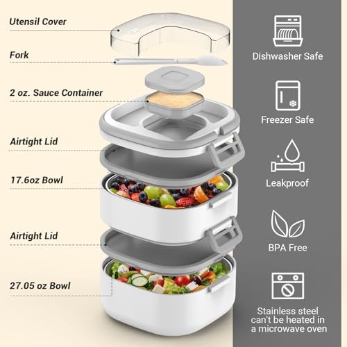 PEDECO Double-Layer Bento Lunch Box for Kids & Adults with Removable Stainless Steel Dividers,Dressing Container,BPA-Free,Dishwasher Safe - Includes Utensil,(White,Non-Insulated)